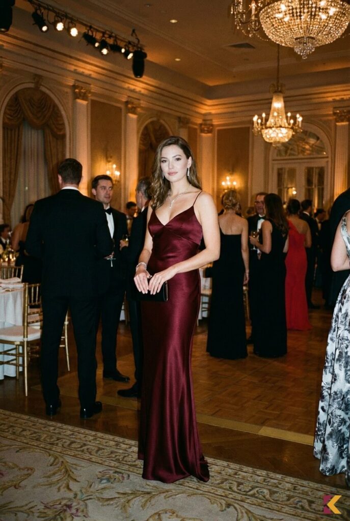 Kobieta w długiej bordowej satynowej sukni z srebrną biżuterią i czarną kopertówką na wieczornym przyjęciu