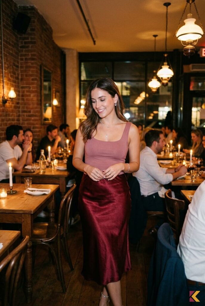 Elegancka satynowa spódnica zestawiona z topem w kolorze brudnego różu i srebrną biżuterią