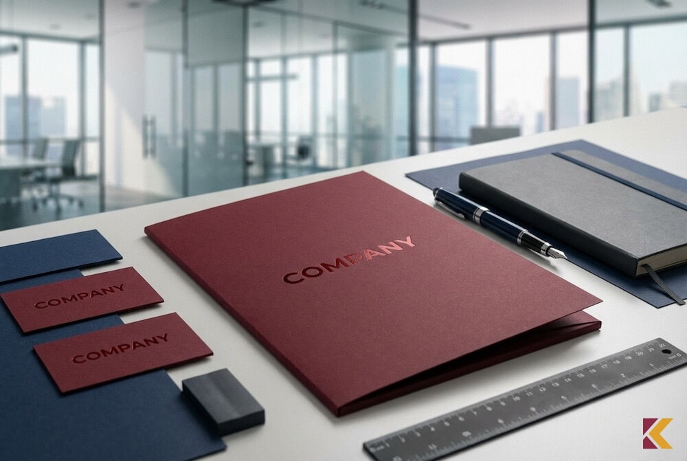 Zestaw materiałów biurowych w kolorach burgunda i granatu