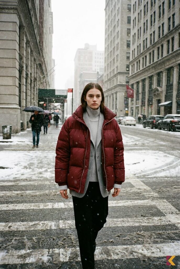 Puchowa kurtka zimowa jako mocny akcent kolorystyczny na tle szarej stylizacji